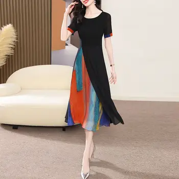 2023 Ženska odjeća, Nova ljetna haljina midi u patchwork stilu, svakodnevne besplatne haljine s okruglog izreza i kratkih rukava u korejskom stilu sa po cijeloj površini