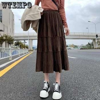 Baršun suknje Trapeznog oblika WTEMPO, Ženske Jesensko-zimske ili Univerzalne Guste ravnici Nabrane suknje, ženske Korejski modni Nove duge suknje za odmor