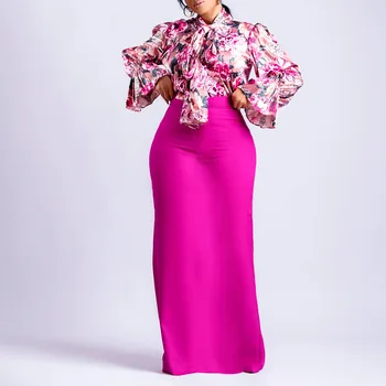 Elegantne Setove Suknje u tonu s cvjetnim ispis za žene, Ženske majice-bluze s lukom, Tanke Setove Maxi Suknje, Velike dimenzije, 3XL