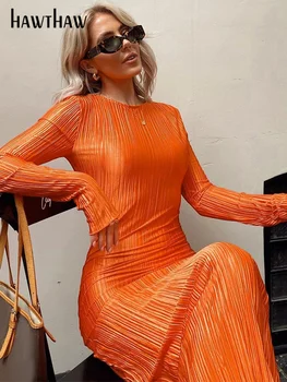 Hawhaw Ženska moda uličnu odjeću s dugim rukavima, maksi narančasta haljina midi 2022, jesen odjeća na veliko