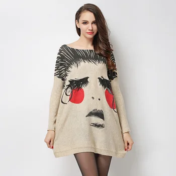 Jesen džemper u europskom stilu za žene, Lijepe pletene veste s smiješno crtani po cijeloj površini, Free Ženski pulover, Ženska odjeća