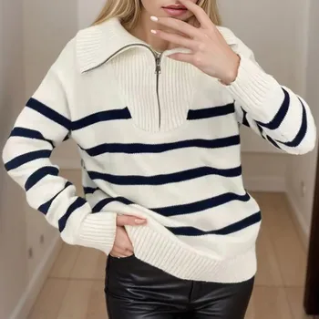 Jesensko-zimske Veste na zatvarač za žene, Casual ženski pulover u traku u patchwork stilu s odbačenost ovratnik, Šik džemper dugih rukava