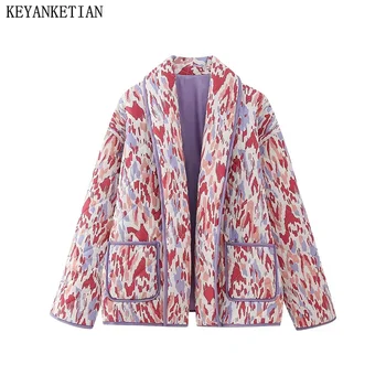 KEYANKETIAN/ Zima Nova Ženska jakna sa pamučnom postavom u obliku leptir-boje, Vintage Sa šavovima, Dva džepa, Slobodna Gusta Topla Odjeća, Top