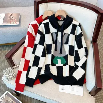 Korejski Modni pletene pulover оверсайз, Ženski 2023, Jesen-zima, dan-to-dan Slobodan Džemper u debelom kavez Sa kapuljačom, kaput, Crveni top dugi rukav