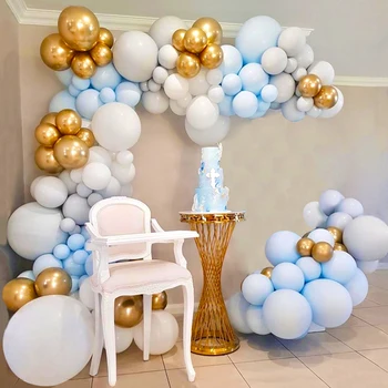 Luk od balona 100pc, Skup Plavo-bijelo-sive i zlatne lopte, Гирлянда, Vjenčanje, rođendan, Krštenje djeteta, Dekoracija od balona za tuširanje