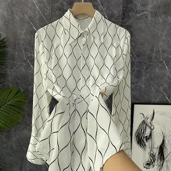 Modna ženska bluza 2023, Vintage klasična crno-bijela košulja s geometrijskim po cijeloj površini i u dugim rukavima za žene, proljeće-jesen
