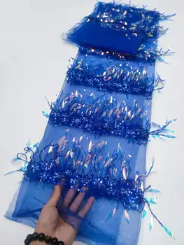 najnoviji 3D Plava cvjetne čipke tkanina s кисточками i šljokicama, Afrička cvjetne čipke tkanina 2023, Visokokvalitetna nadvoji нигерийская cvjetne čipke tkanina, 5 metara, donje večernja haljina