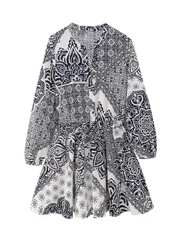 Obojano Kravata Haljina u stilu patchwork s V-izrez i po cijeloj površini, Elegantne Ženske Slobodne Haljine s dugim rukavima 2023, Moderan Ljetno Smještaj Haljina, Donje