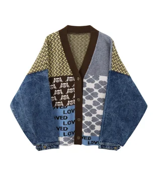 Starinski Pletene kardigan, džemper, donje Deniver kaput u stilu patchwork s V-izrez, Trendy ženske svakodnevne Široke majice, Džemper, Gornja odjeća