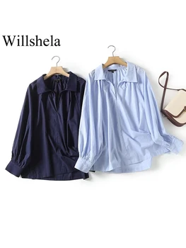 Willshela/ Ženska moda monotono satin плиссированная bluza, berba majice s V-izrez i dugim rukavima, Šik ženske košulje