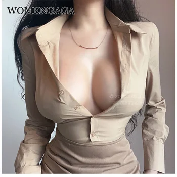 WOMENGAGA/ Moda majica Jesen-Zima, Nova Elegantna Monotono Kratka Bluza na Zakopčane s Lapels, Gornja Košulja, Modna Ženska IRO1