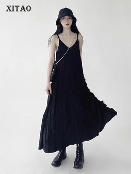 XITAO, crna haljina s V-izrez u nabor, Slobodno Modni Duga haljina bez rukava s jednostavnim temperamentom, Novo Ljeto 2023, Ženske haljine HQQ0867