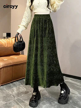 Ženska duga suknja Circyy u Korejskom stilu, Jesen-zima 2023, Nove nabrane ravnici suknje s visokim strukom, Uredski ženske berba slobodan suknje sa volanima