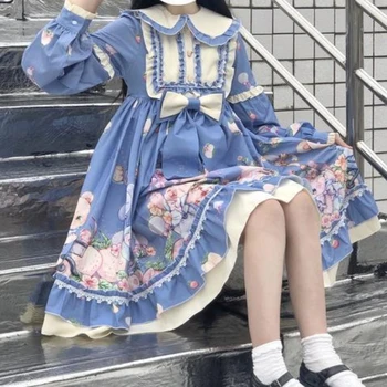 Ženske haljine u stilu Лолиты, Japanski stil, Kontrastne Haljine s dugim rukavima s po cijeloj površini Zeca, Donje Novo Upis, Vestidos Mujer U Japanskom Stilu