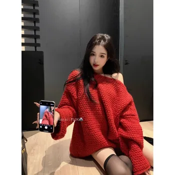 Ženski pletene džemper srednje dužine, Bez Tanak džemper, Ženski Francuski atmosferski crveni džemper dugih rukava, okruglog izreza i gola ramena